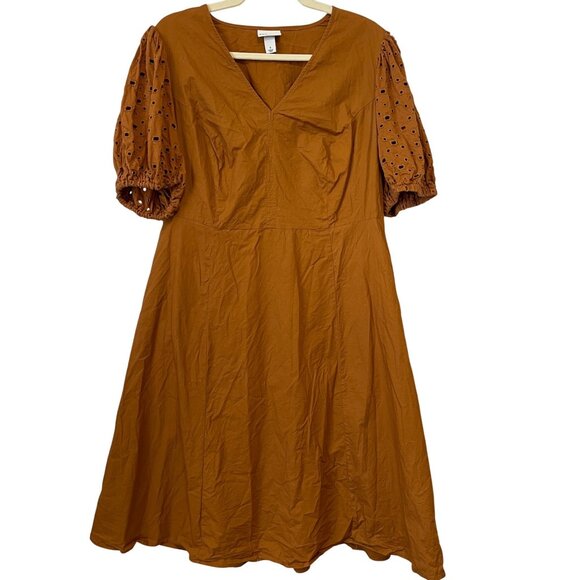 Ava & Viv Womens Eyelet Sleeve Dress 0X Brown Cotton Blend V-Neck - Picture 1 of 6